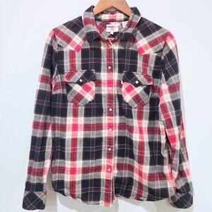 Levi's Womens Red Black Plaid Tailored Fit Pear1 Snap Button Up Shirt Size XL